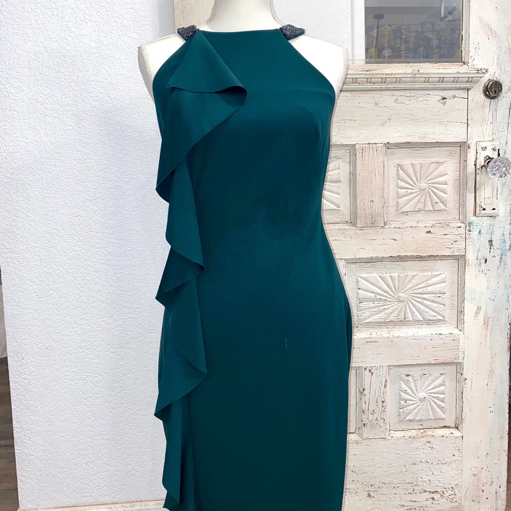LAUREN RALPH LAUREN Dark Fern Beaded-strap Ruffled Sheath Dress 12 TEDO